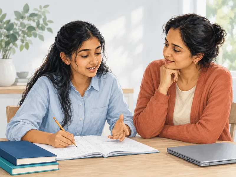 Illustration of a student explaining her work while her mother listens with encouragement